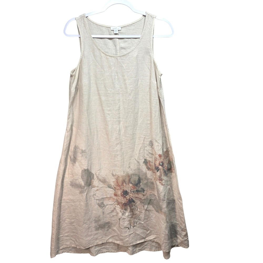 Pure Jill All Linen Midi Dress Womens S Petite Floral Pockets Beige Sleeveless